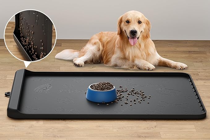 Dog Food Mat - Silicone Dog Mat for Food and Water - 36" x 24" Large Pet Feeding Mats with Residue Collection Pocket - Waterproof Cat Bowl Mat with High Edges to Prevent Water Food Spills (Black)