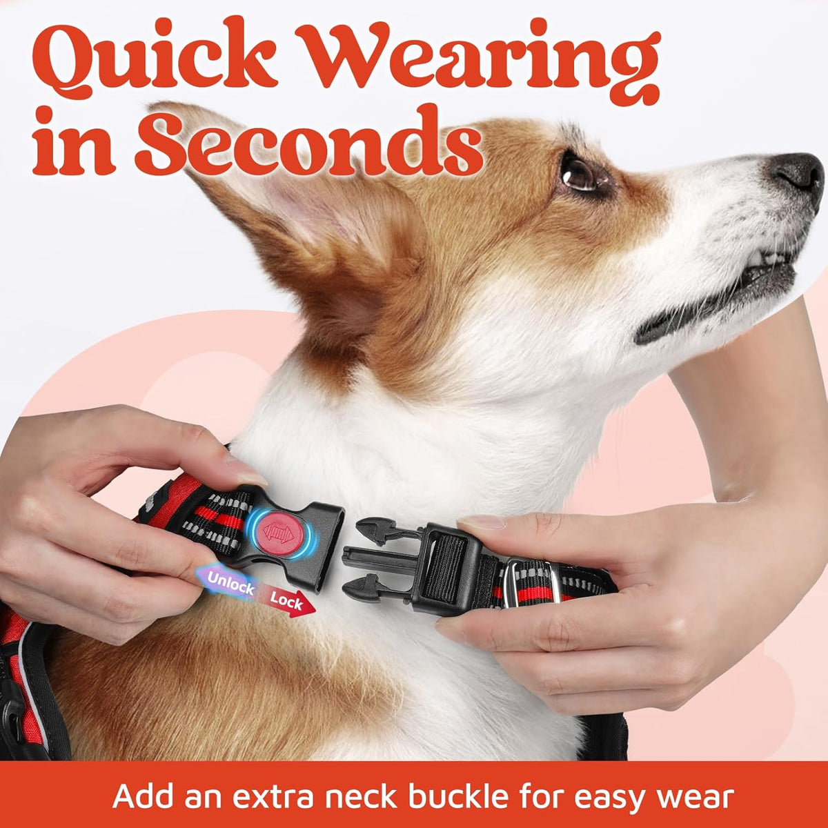rabbitgoo Dog Harness for Large Dogs, No Pull Pet Vest with 3 Buckles, Adjustable Soft Padded Pet Harness with Easy Control Handle and Reflective Strips, Red, L
