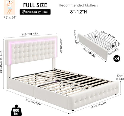 HIFIT Upholstered Full Size LED Bed Frame with Charging Station and 4 Large Storage Drawer, Velvet Button Tufted Full Platform Bed with Adjustable Headboard, No Box Spring Needed, Easy Assembly, Beige
