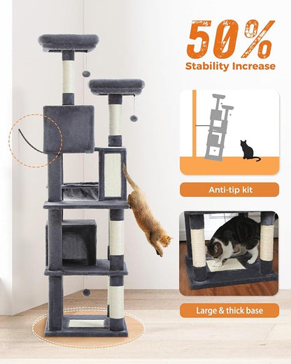 MUTTROS Cat Tree, 70.9-inch Large Cat Tower with 2 Condos, 2 Top Perches, Hammock & 6 Scratching Posts for Indoor Cats, Dark Gray