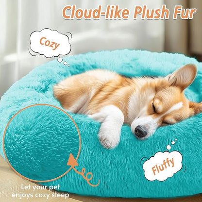 JOLLYVOGUE Calming Dog Beds Large Sized Dog, 36in Donut Washable Large Pet Bed, Anti-Slip & Anti-Anxiety Fluffy Faux Fur Round Dogs Bed, Fits up to 80 lbs Pets (Aqua Blue)