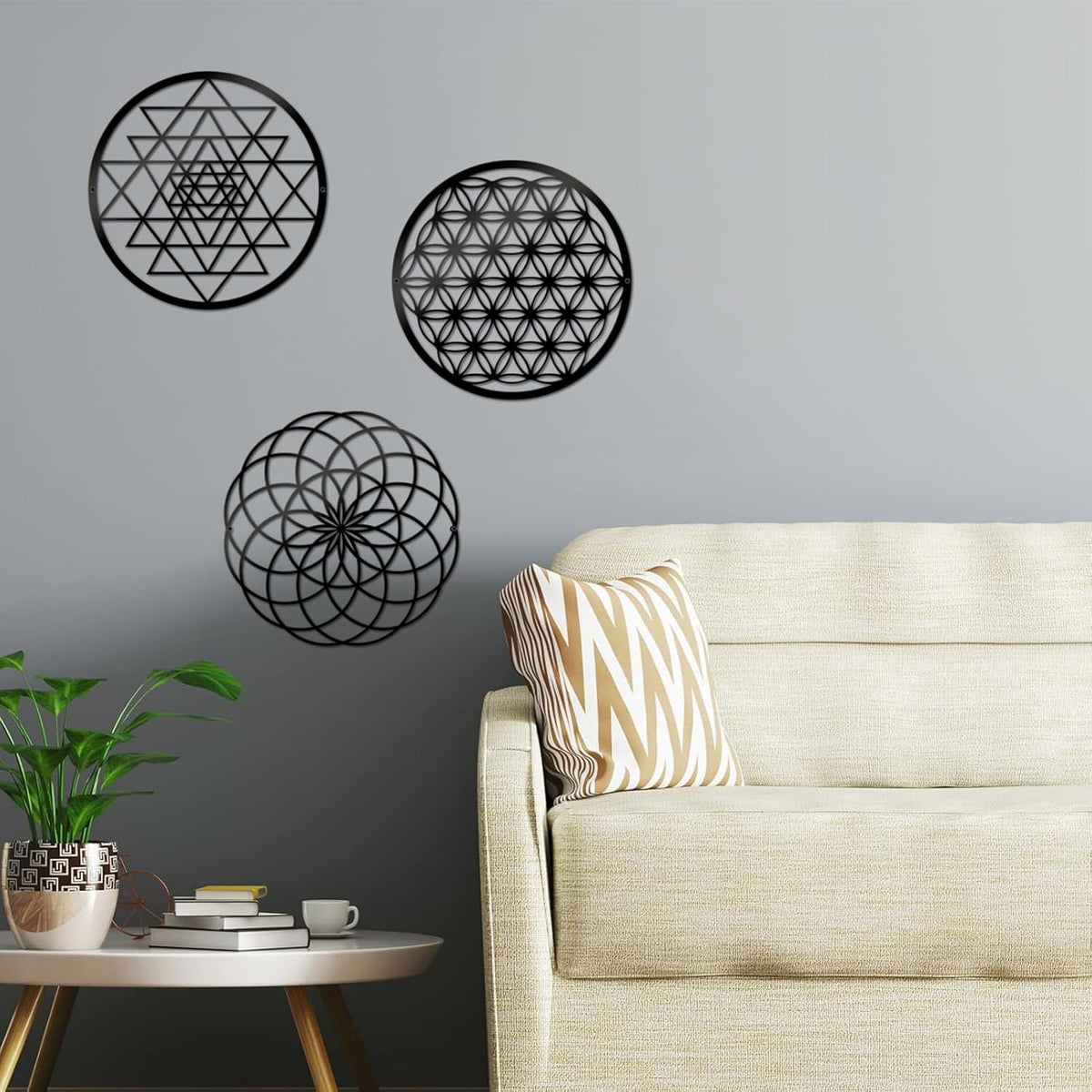 3 Pcs Metal Abstract Wall Decor, Minimalist Lines Wall Hanging Art Painting, Modern Geometric Black Wall Sculpture Suitable for Home Office, Hotel Living Room, Bedroom and other Home Decoration（Circle）