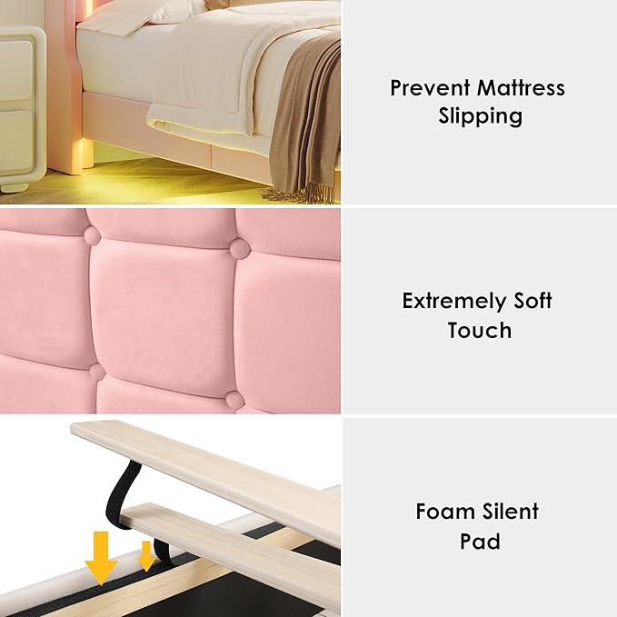 Keyluv Upholstered Full Floating Bed Frame with RGB LED Lights and Charging Station, Velvet Platform Bed with Button Tufted Storage Headboard, Type-C & USB Charging Ports, No Box Spring Needed, Pink