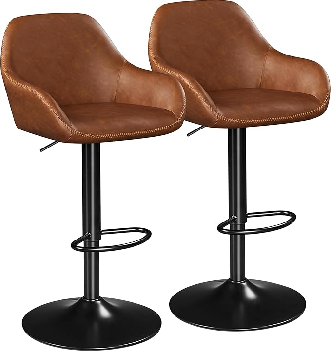 Yaheetech Bar Stools Set of 2, PU Leather Swivel Counter Height Barstools, Adjustable Bar Chairs with Backrest and Footrest, Kitchen Island Stool for Home Kitchen, Retro Brown