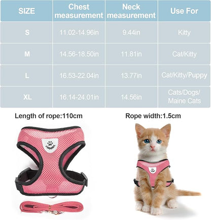 shudyear Summer cat Chest Harness and Leash, Anti-Escape Adjustable Soft mesh cat Leash and Chest Harness Set for All Types of Cats cat Vests (Size S,Pink)