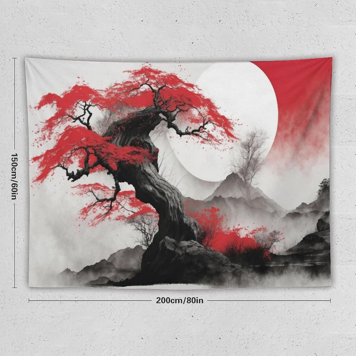 Cherry Blossoms Tapestry,Japanese Red Landscape Asian Watercolor Abstract Art Tapestry,Japanese Wall Tapestry, Nature Landscape Tapestries for Bedroom Living Room Decor 80"x60"