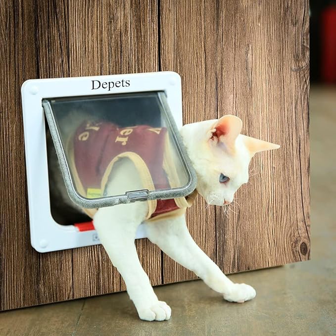Depets Large Cat Door (Outer Size 9.9" x 9.2"), 4 Way Locking Cat Flap Door for Interior Exterior Doors, Weatherproof Pet Door for Circumference < 23"