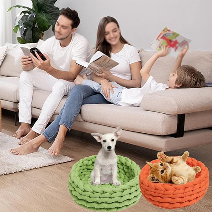 Woven Dog Bed Basket, Knitted Cotton Cat Bed Round Washable Woven Cat Pet Bed Chunky Dog Basket, Orthopedic, Chunky Knit Dog Nest,Dog Bed,Dog Cave,Dog Bedding(Green 3,17")
