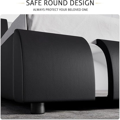 SHA CERLIN King Size Bed Frame with Iron Pieces Decor and Adjustable Headboard/Deluxe Upholstered Modern Platform Bed with Solid Wooden Slats Support/No Box Spring Needed, Black