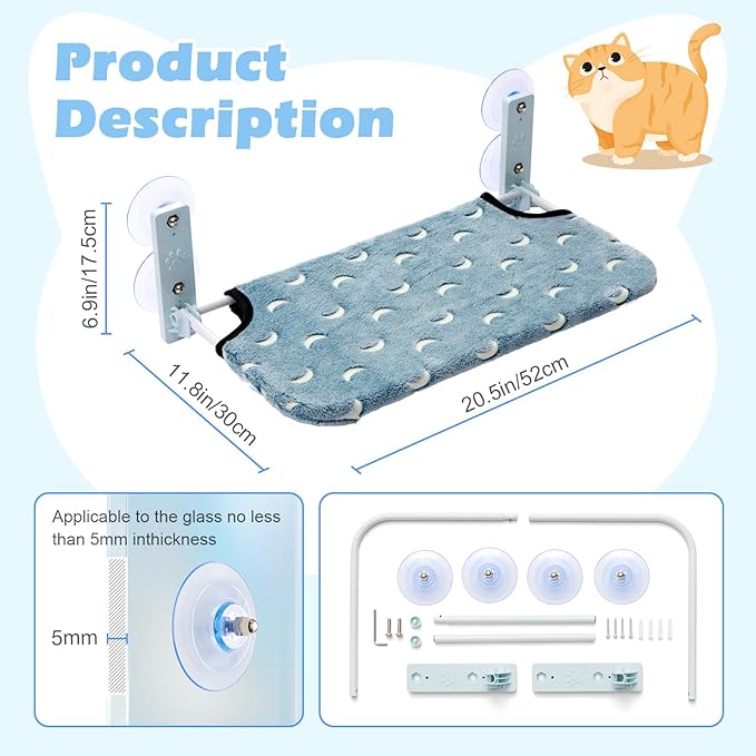 Glow in The Dark Cat Window Perch, Large Foldable Hammock Bed with 4 Strong Suction Cups and Warm Soft Zipper Removable Cushion for Indoor Cats (Moon)