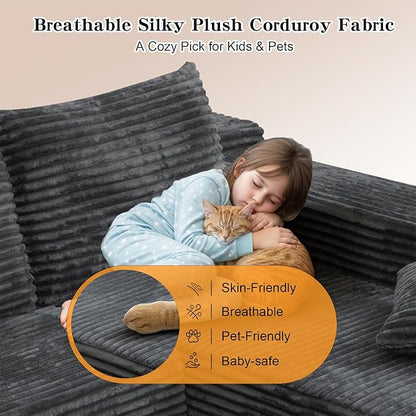 106'' Boneless Couches for Living Room, L Shaped Modular Sectional Sofa with Chaise Lounge, Faux Rabbit Fur & Layered Cushion Deep Seat Cloud Couch, No Assembly (Dark Grey, Left Facing Chaise)