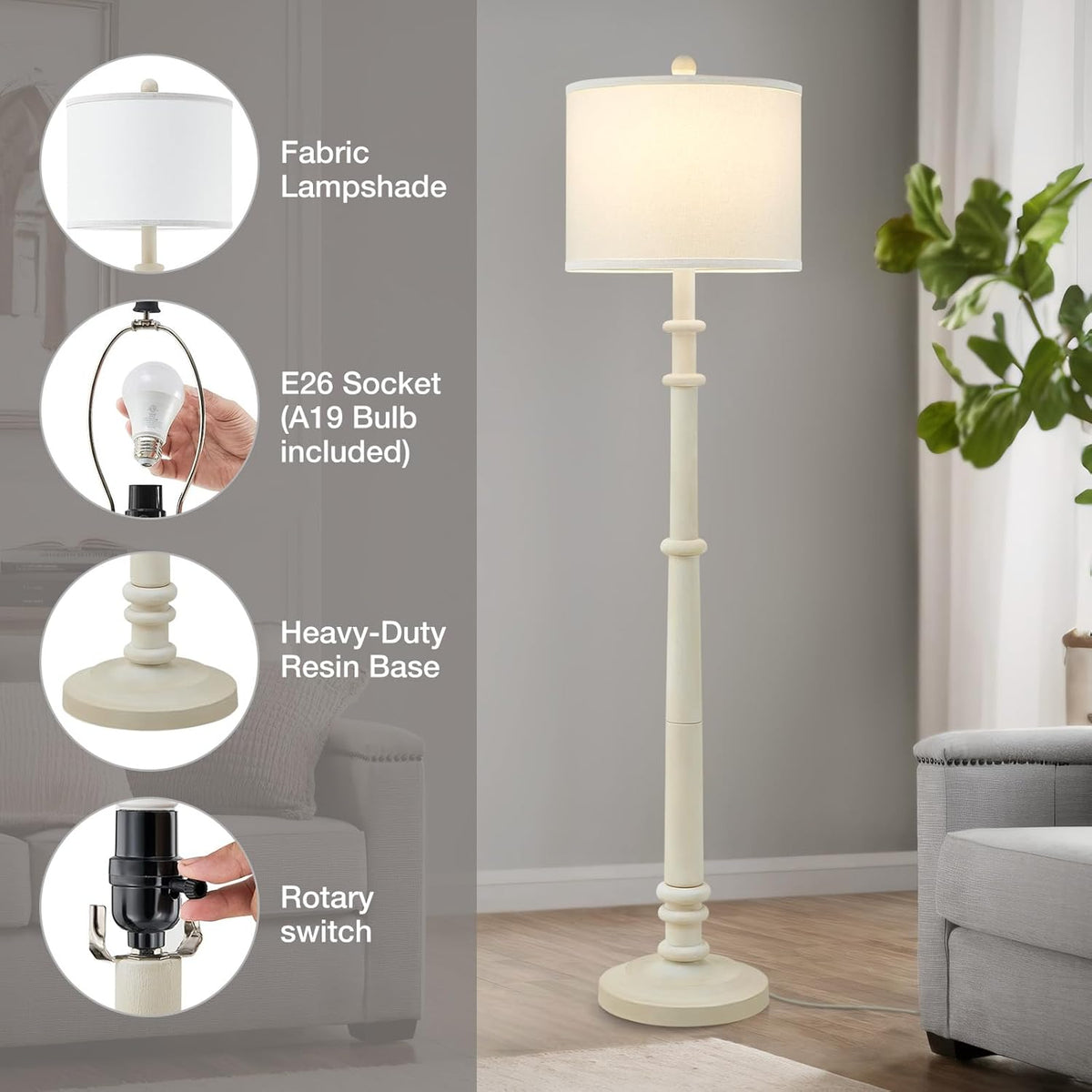 Floor Lamps for Living Room - 60" Resin Farmhouse Floor Lamp with 3 Color Temperatures - Vintage Standing Lamp Reading Light with Linen Shade Retro Tall Lamp for Bedroom Office, Almond White