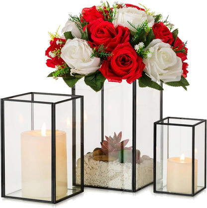 Glass Hurricane Candle Holder Large - Hewory 3pcs Black Rectangle Flower Holders Centerpiece for Table, Tall Floor Square Pillar Candle Lantern for Wedding, Anniversary, Party, Fireplace, Dining Room
