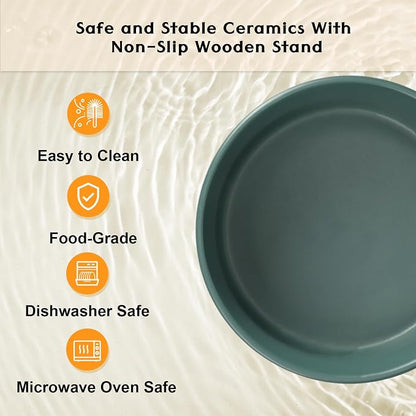 SPUNKYJUNKY Ceramic Elevated Dog Bowls 2 Pack - 6.1inch Raised Dog Bowls with Non-Slip Wooden Stand for Medium Dogs Dishwasher Safe(Green,28.7OZ*2)