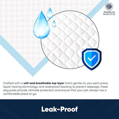 AKC Puppy Training Pads, 22" x 22", Grass Scented, 100 Count | Scented dog pee pads help control odors with ultra absorbent quick-dry gel, leakproof layers and potty training protection.