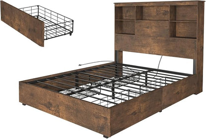 AMERLIFE Queen Size Bed Frame Wooden Platform Bed with 51.2" LED Storage Bookcase Headboard, 4 Storage Drawers & Charging Station/No Box Spring Needed/Noise Free/Rustic Brown