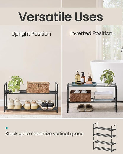 SONGMICS Shoe Rack, 2-Tier Shoe Organizer, Metal Storage Shelf, Upright or Upside Down, for 6-9 Pairs, Stackable, for Entryway, 11.8 x 26.8 x 13.2 Inches, Black ULSA202B01
