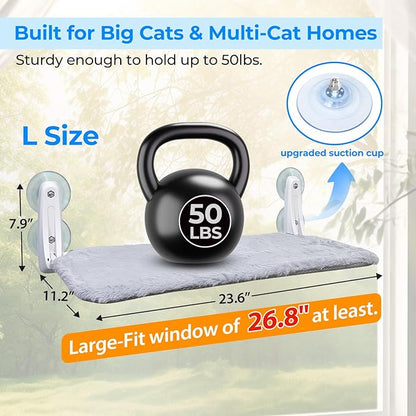L&W BROS. 2 Pc Heavy Duty Cat Window Perch Holds up to 50 lbs, Foldable Cat Window Hammock with 4 Strong Suction Cups, Easy to Install, 24" Window Seat for Large or Multiple Cats (L 2Pc)