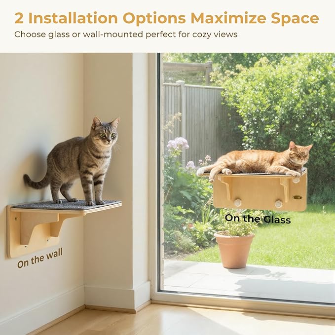 Pecute 2-in-1 Cat Window Perch & Wall Shelves, Cat Hammock Window with Solid Wood, Strong Suction Cup, Washable Cover Mat, Kitten Window Seat Indoor, Cats Perch Bed for Birds Watching Inside,16"x10"