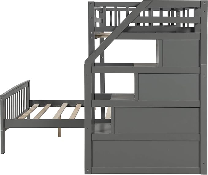 Twin Over Full Wood Loft Bed with Staircase,High Guardrails and Ladder-Handrails,Ladder W/ 3 Storage Grids,Bedroom Furniture for Children,Teens,Adults,Gray