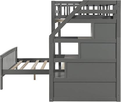 Twin Over Full Wood Loft Bed with Staircase,High Guardrails and Ladder-Handrails,Ladder W/ 3 Storage Grids,Bedroom Furniture for Children,Teens,Adults,Gray
