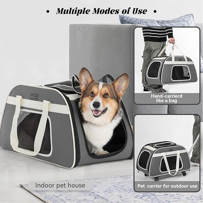 PETSFIT Large Pet Carrier with Wheels Designed for 2 Small Dogs/Multiple Kittens/Medium Dogs with Adjustable Safety Rope & Waterproof Bottom(𝑵𝒐𝒕 𝒂𝒊𝒓𝒍𝒊𝒏𝒆 𝒂𝒑𝒑𝒓𝒐𝒗𝒆𝒅)
