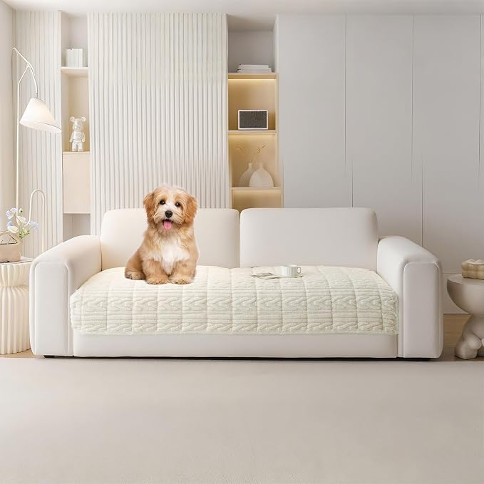 HANDONTIME Jacquard Couch Cushion Cover for Dogs, Beige, 35.4" x 70.9" | Washable, Fuzzy, Geometric Jacquard, Non-Slip, Pet-Friendly