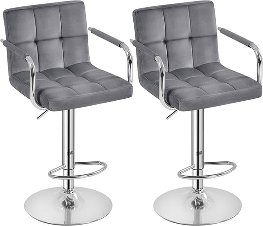 Yaheetech Counter Height Bar Stools Set of 2 Velvet Swivel BarStools for Kitchen Stool Height Adjustable Counter Stool Barstools with Armrest, Velvet, Grey