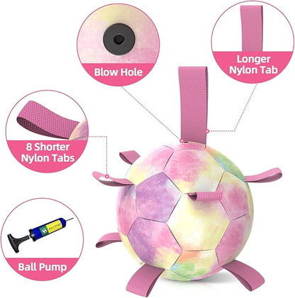 QDAN Extra Large Dog Toys Soccer Ball - Durable Dog Balls for Extra Large Dogs, Beach Pool Dog Water Toy, Interactive Dog Toys for Tug of War, Puppy Birthday Gifts, Rainbow (9 Inch)
