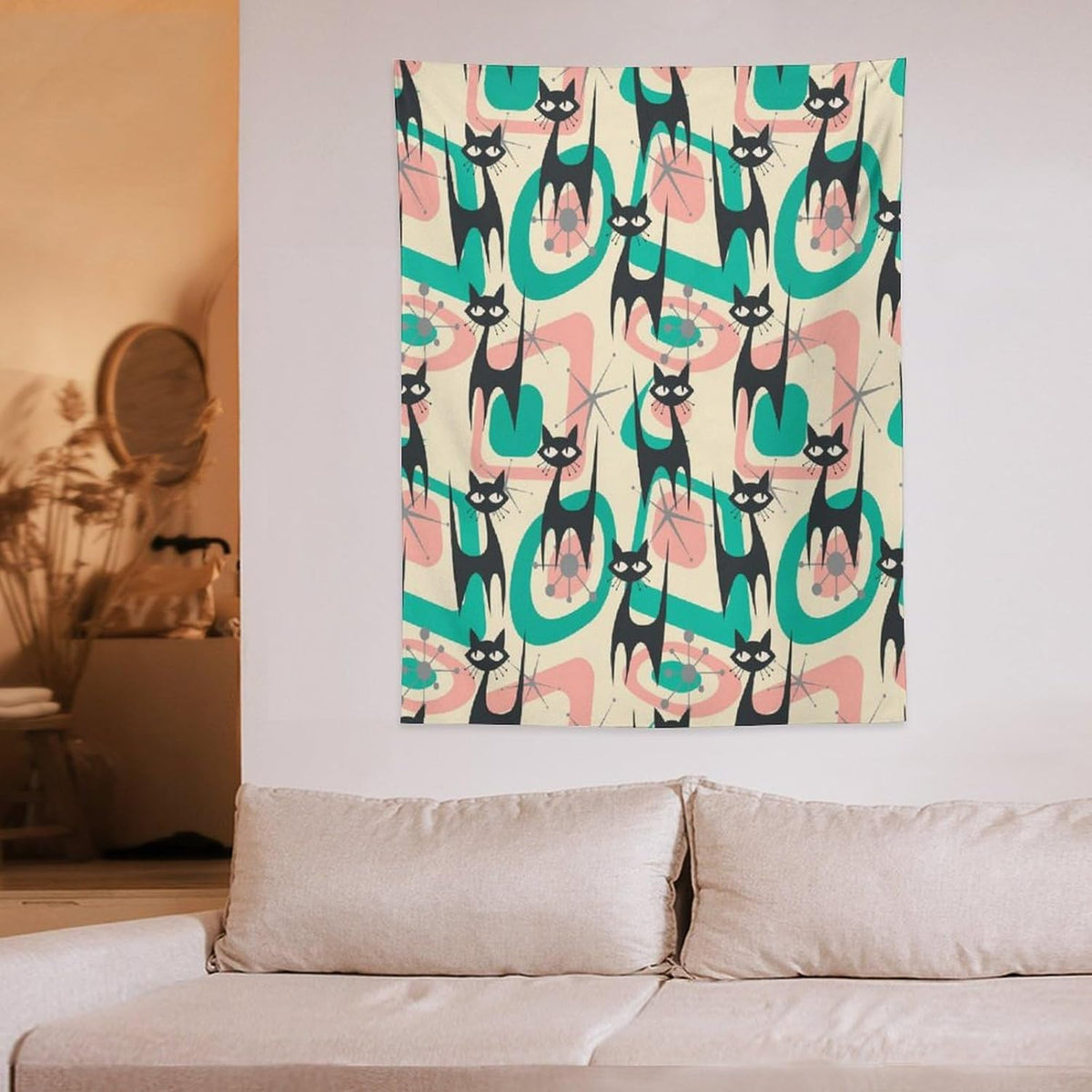 ICMOLYYENLO Boho Medieval Cat Tapestry, Abstract Atomic Starburst Geometric Aesthetic Art Wall Hanging For Bedroom Living Room Dormitory 40x60 Inches