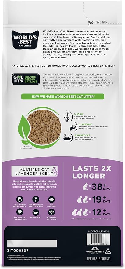 WORLD'S BEST CAT LITTER Multiple Cat Lavender Scented 8-Pounds - Natural Ingredients, Quick Clumping, Flushable, 99% Dust Free & Made in USA - Calming Fragrance & Long-Lasting Odor Control