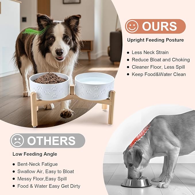 SPUNKYJUNKY Elevated Dog Bowls Ceramic, 7.3'' Dogs Food Water Bowls Raised with Non-Slip Bamboo Stand for Medium to Large Sized Breed Microwave Dishwasher Safe - 42 OZ,Paw White