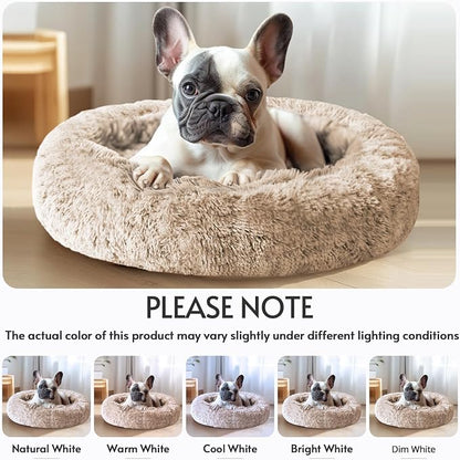 JOLLYVOGUE Calming Dog Beds Large Sized Dog, 36in Donut Washable Large Pet Bed, Anti-Slip & Anti-Anxiety Fluffy Faux Fur Round Dogs Bed, Fits up to 80 lbs Pets (Cream Brown)