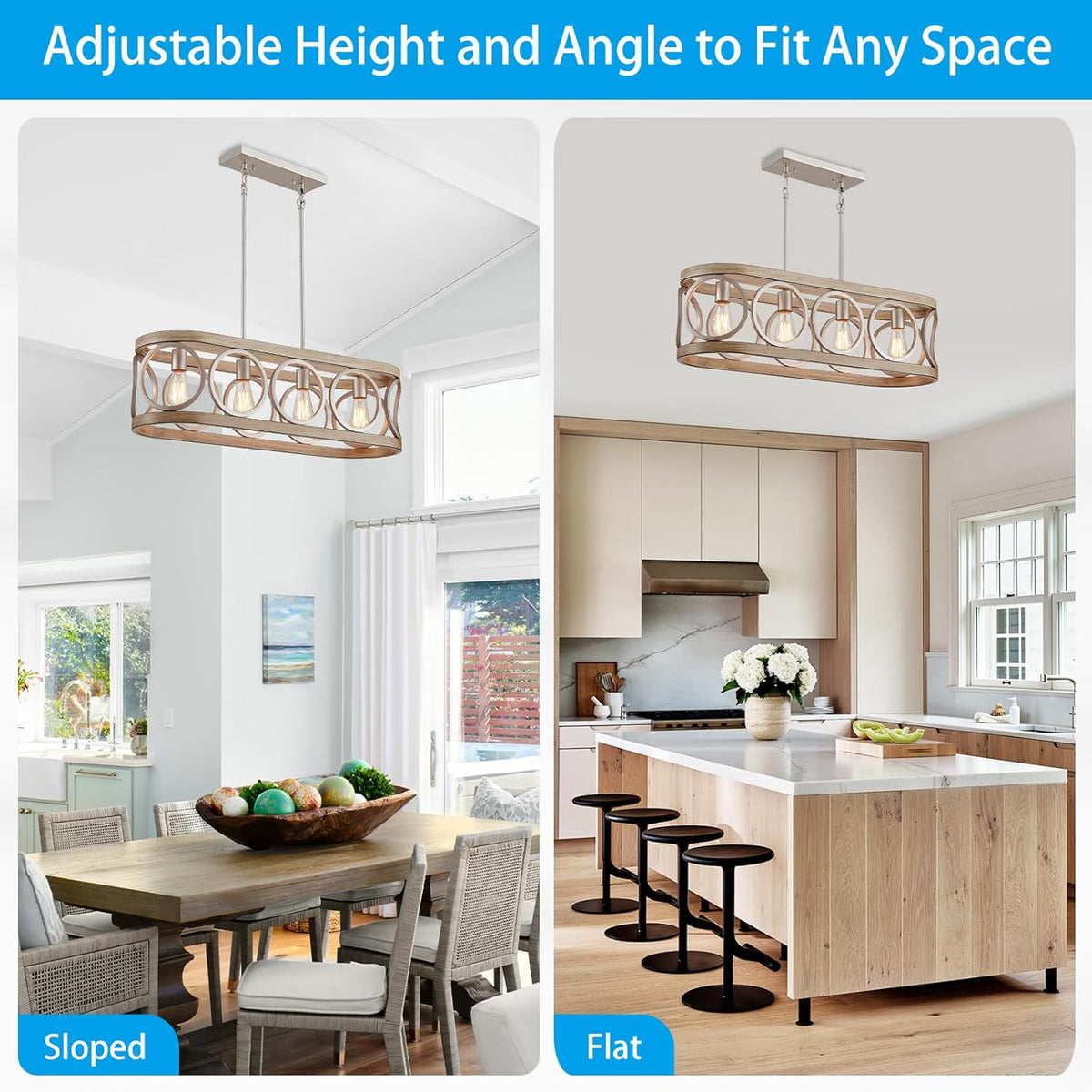 XINGQI Kitchen Island Chandelier for Dining Room Modern Farmhouse Rectangle Pendant Lighting Fixture Vintage Linear Hanging 4-Light Rustic Living Room, Antique Brushed Nickel and Wood Grain Finish