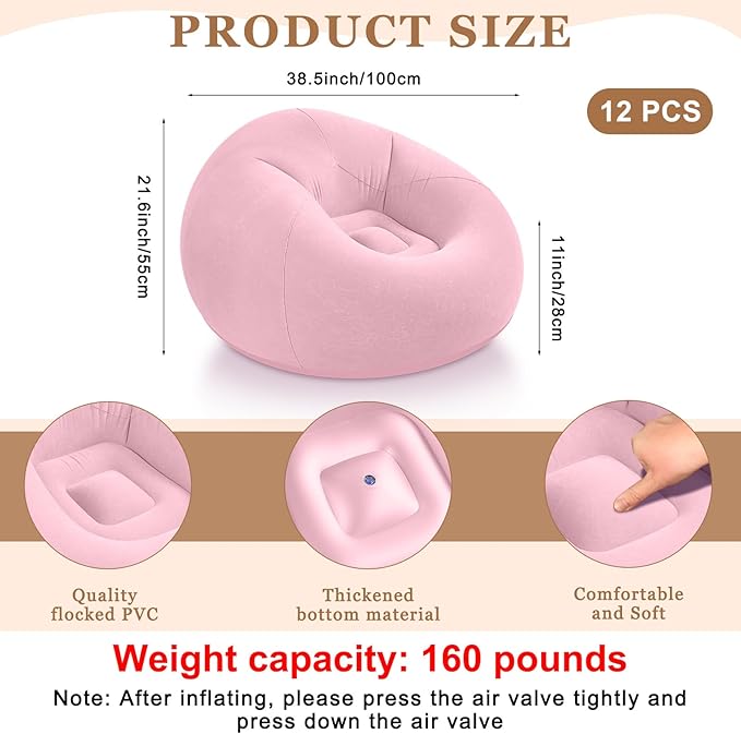 Realspring 12 Pcs Bean Bag Chairs for Adults Inflatable Chairs with Electric Air Pump,Blow up Couch Folding Portable Inflatable Couch Lazy Sofa for Reading Living Room Camping (Pink)