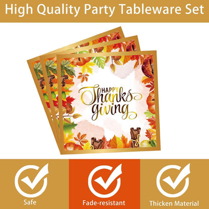 Thanksgiving Party Decorations Fall Party Supplies 96 PCS Fall Thanksgiving Disposable Dinnerware Set with Maple Leaves Gold Paper Plates Napkins and Forks for Harvest Celebrations