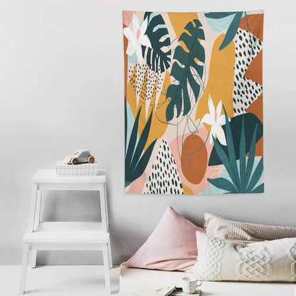 Abstract Bohemian Mid Century Tapestry, Tropical Leaves Modern Geometric Archway Minimalist Bohemian Botanical Aesthetic Wall Hanging, Sage Green Gold Home Decor Art for Bedroom 30x40 Inch