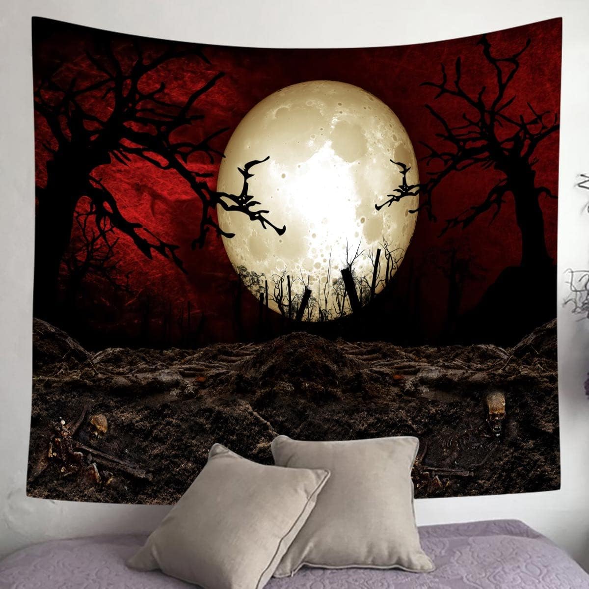 SHRAPHY Full Moon Tapestry 60x60 Inches Moon Horror Cemetery Scarlet Sky Tapestry Event Bedroom Home Decor GTLSUH1207
