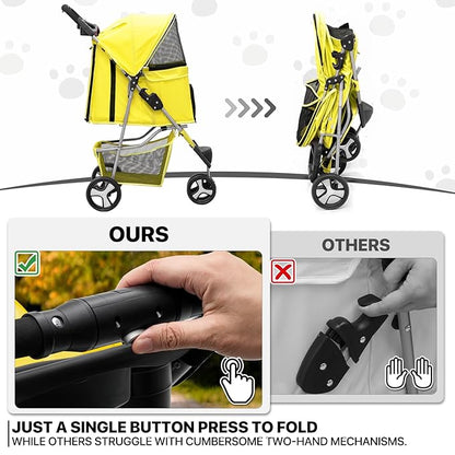 MoNiBloom Foldable Pet Stroller with Waterproof Cover, 3-Wheels Dog Strolling Cart for Small/Medium Dogs and Cats with Storage Basket and Cup Holder, Breathable and Visible Mesh for All-Season, Yellow