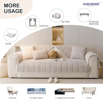 HANDONTIME Dog Couch Cover Protector, Fuzzy Couch Cover for Dogs Washable, Non Slip Geometric Jacquard Sofa Covers for 3 Cushion Couch Sofa Protector Pet Friendly Pets Mat(Khaki, 35.4" x 94.5")