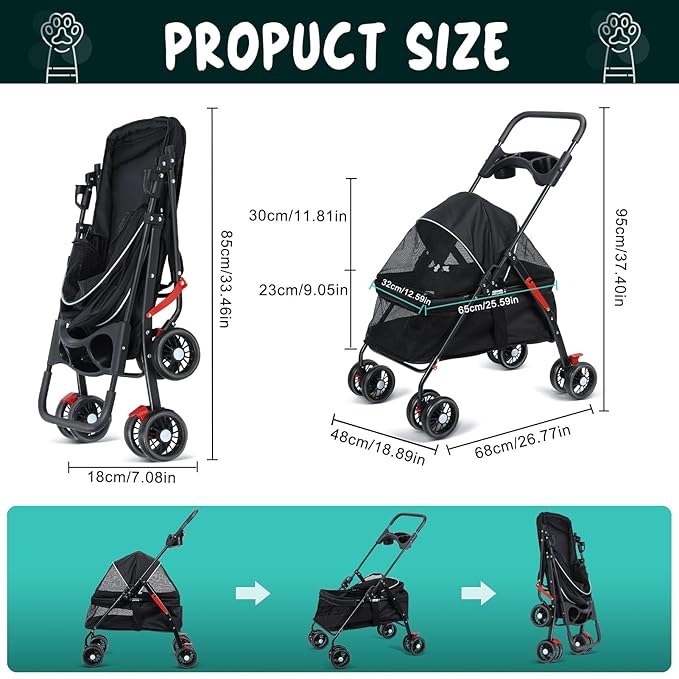 Dog Cat Stroller, 4 Wheels Outdoor Travel Pet Folding Stroller, Dog Cat Cage Strollers with Cup Holder, Breathable and Visible Mesh for Medium Small Dogs or Cats 1 Set