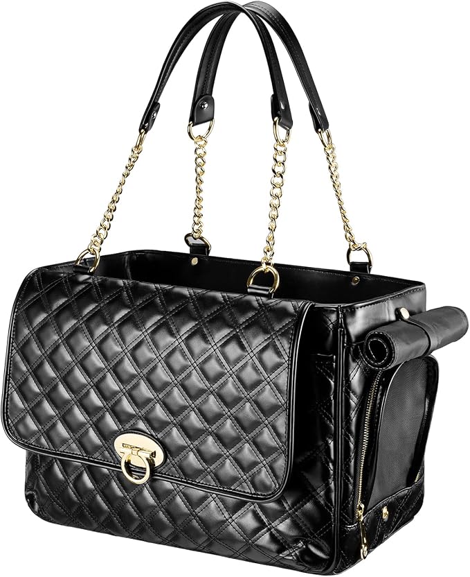 Fashion Dog Purse for Small Dogs with 2 Super-Large Pockets, Holds Up to 10lbs PU Leather Pet Carrier, Cat Carrier, Airline Approved Puppy Purse for Travel (Black, Small Size)