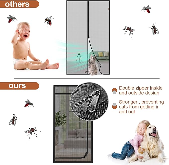 Upgraded Reinforced Pet Screen Door Thickened Cat Resistant Mesh Screen Door for Living Room, Bedroom, Patio, Dog Cat Scratch Proof Screen with Zipper Closure (Fits Door Size up to 38''x 82'', Black)