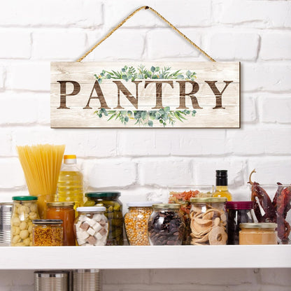 Bathroom Kitchen Laundry Pantry Sign Wall Decor 4 Piece, Wall Art with Plant Print, Rustic Farmhouse Wall Hanging Plaque Home Kitchen Decorative Bathroom, 4.7 x 13.7 inches