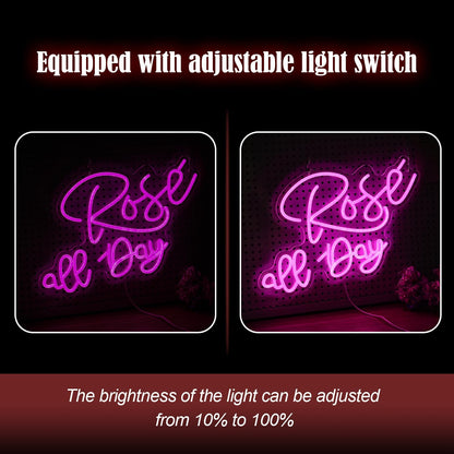 Rose All Day Neon Sign LED Pink Rose Neon Light For Wall Decor Dimmable USB Words Light Up Sign for Bedroom Wedding Party Atmosphere Decor Lovers Gift(12.2 * 16.1 In)