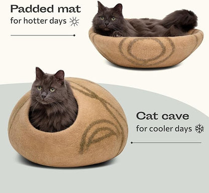 MEOWFIA Cat Cave – Premium Felt Cat Bed for Indoor Cats, Handmade 100% Merino Wool (Beige, Medium)