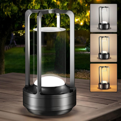 Portable Table Lamp for Outdoor Indoor: Cordless Rechargeable Desk Lamp with 3 Color Stepless Dimmable - Metal Battery Operated Small Lantern Light for Restaurant/Bedroom/Bar/Coffee Shop/Camping