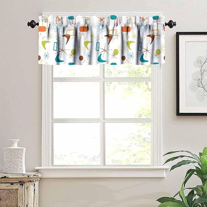 Mid Century Window Valance Curtains, Retro Atomic Starburst Vintage Modern Abstract Geometric Pattern 50s 60s Curtain Valance for Bedroom Living Room Kitchen 54x18inch