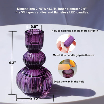 Woho Set of 6 Purple Taper Candle Holders 4.3" H for Halloween Decorations, Vintage Ribbed Glass Candlestick Holders for Wedding Table Centerpiece, Candle Sticks Holder Decor for Holiday Home Decor