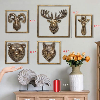 JJALIGHTS Animal Heads Wall Decor Resin Animals Sculptures Head Wall Hanging Decoration Imitation Copper vintage Wall Sculpture for Living Room Bedroom Office(5pcs,Includes Metal Frame)